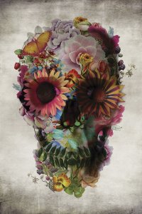 A skull adorned with various type of flowers and a butterfly