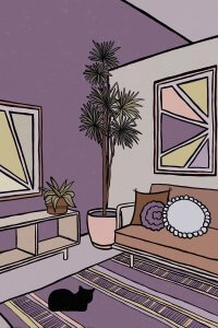 Purple living room with couch, purple rug, and black cat