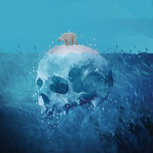 A skull underwater with a polar bear standing on top of it