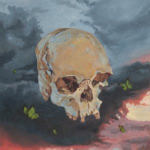A skull floating in a dark cloudy sky surrounded by green butterflies