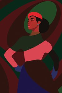 Woman wearing a red beret and multicolored clothing on a swirled background