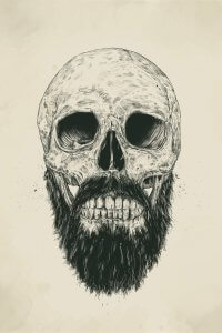 Portrait of a skull with a beard against a neutral background