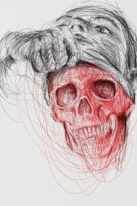 Woman pulling up her face revealing a red skull