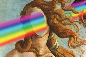 Woman with flowing curls and rainbow light streaming through her face