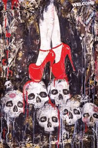 A pair of red high heels standing on tile of a pile of skulls with a splattered background