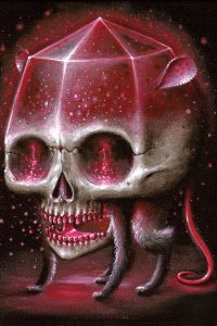 Giant red skull with rat ears, legs, and a tail