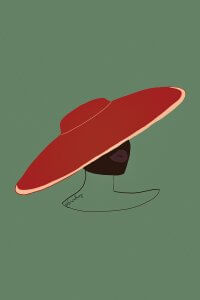 Portrait of a woman's face partially covered by a large red hat on a green background