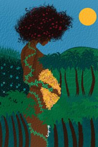 Black woman with afro holding yellow flowers surrounded by trees and greenery