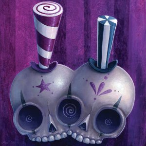 Two skulls merged together, each wearing tall striped hats against a purple background