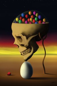 Side profile of a skull with balloons in its head leaning against an egg with a yellow and red sky background