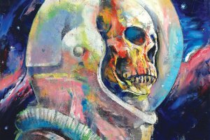Skull wearing an astronaut suit with a red and blue sky background