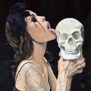 Woman with black makeup dripping down her face licking a skull
