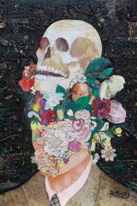 Portrait of a man with his face covered by flowers and a skull on top of his head