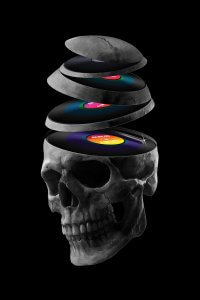 Skull with vinyl records coming out of its head