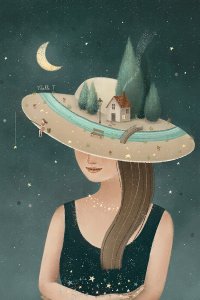 Woman wearing a hat with a river, house, trees, bench, and bridge on top of it