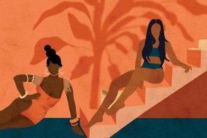 Two faceless black women in bathing suits sitting on stairs