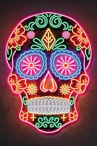 Portrait of a neon skull full of shapes and patterns