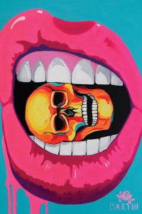 Pink dripping lips with teeth biting into a skull