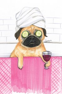 Pug leaning over the edge of a bathtub wearing cucumbers over its eyes, a towel wrapped around its head, and holding a glass of red wine