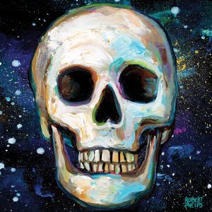 Portrait of a skull against a galactic, starry sky background