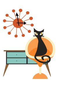 Black cat sitting on an orange chair near a teal dresser and orange sun clock