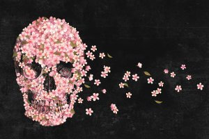 A skull full of pink flowers floating to the side against a black background