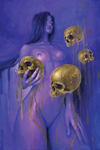 A nude purple woman surrounded by gold skulls