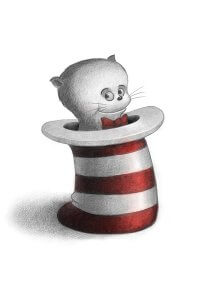 A baby cat sitting in a red and white striped hat