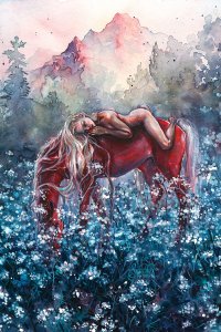 A naked woman lying on top of a horse in a field of flowers