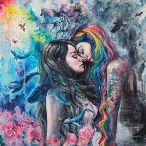 Two nude women in a close embrace, one with rainbow hair, surrounded by animals and colors