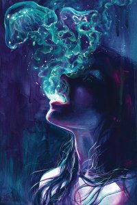 Woman with blue smoke flowing out of her mouth