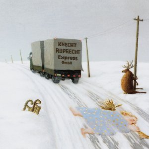 A truck driving down a snowy road with a flattened angel and a moose