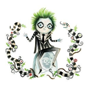 A creature with spikey green hair and a striped suit sitting on a gravestone surrounded by wavy black and white striped lines