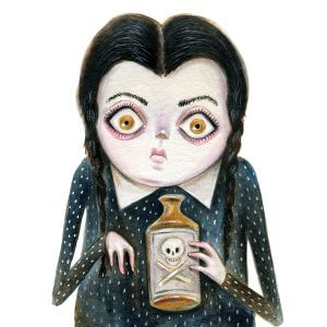 A portrait of a girl with big brown eyes and black braids wearing a polka dot shirt while holding a bottle of poison