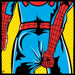 DVV47 The backside of Spiderman pulling a wedgie out against a bright yellow polka-dotted background