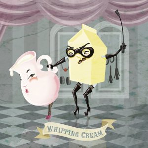 Print A milk carton with a face wearing high heels and holding a whip behind a pitcher of cream with a face above the words "WHIPPING CREAM"