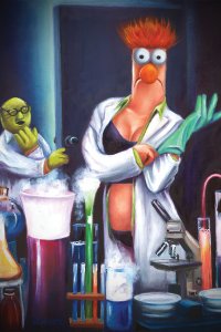 Metadata A creature with red hair and a large orange nose with a lab coat and a bra in front of test tubes with another creature in the background with green skin and glasses