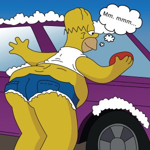 Homer Simpson wearing short shorts and a white crop top while washing a car