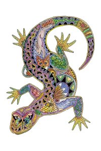 A lizard full of varying colors, patterns, and other animals like a fox, butterfly, and bunny in the design