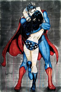 Wonderwoman hugging superman in a tight embrace