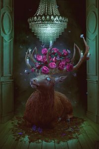A deer with white eyes lying on the floor with pink flowers in its antlers underneath a chandelier