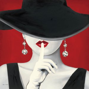 Portrait of a woman wearing a black hat and red lipstick putting a finger up to her lips