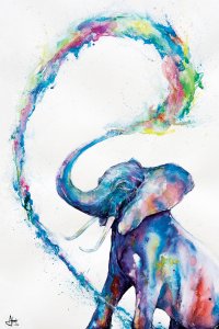 A colorful elephant waving its trunk in the air with colorful water spouting out
