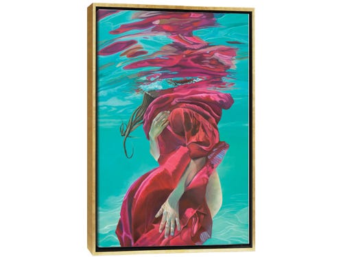 josep moncada painting - woman underwater with pink fabric