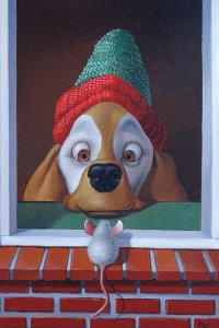 A dog wearing a winter hat looking out the window at a white mouse