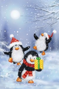 A trio of penguins in winter gear jumping in the snow with a present