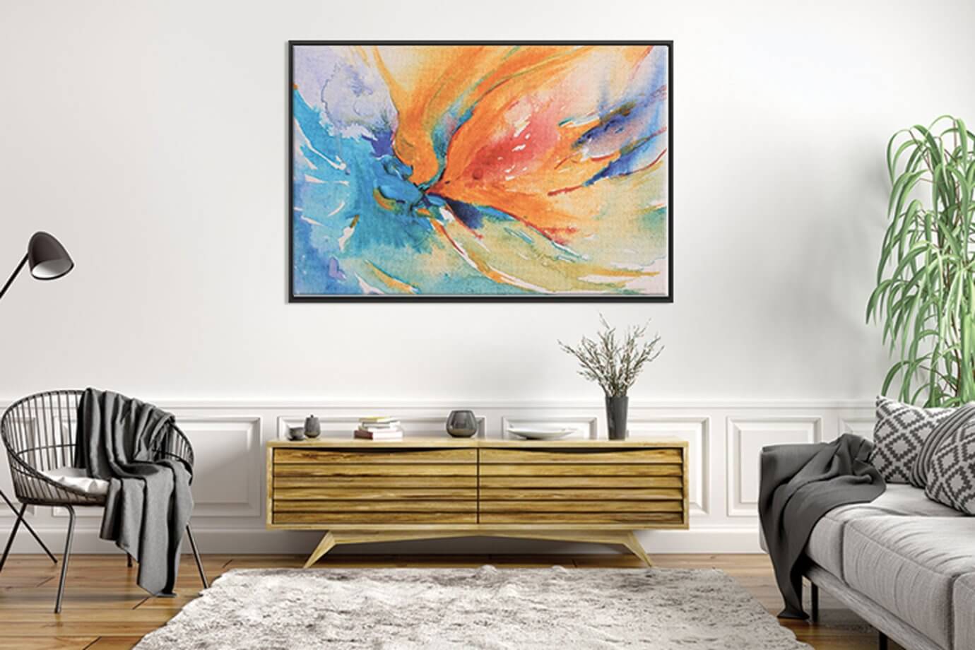 Colorful abstract art in living room.