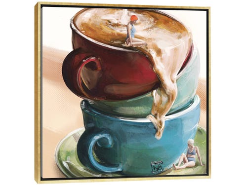 Daria Rosso digital illustration - stack of coffee mugs with a swimmer sitting in coffee