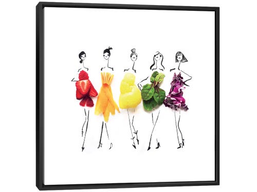Gretchen Roehrs photograph - line drawing of 5 woman with fruit and veggie dresses