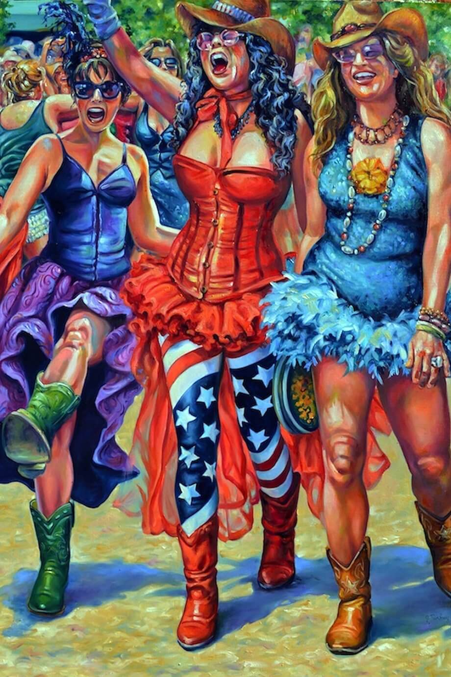 Jill and Robert Pankey painting - 3 modern cowgirls in dresses